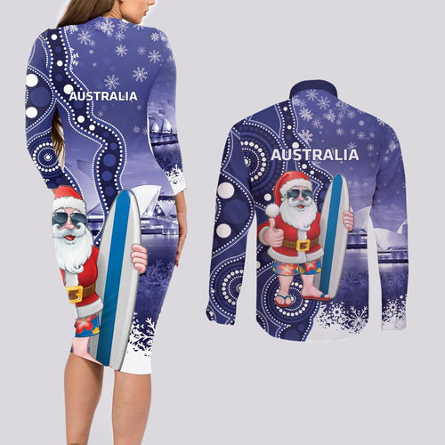 Christmas In July Australia Couples Matching Long Sleeve Bodycon Dress and Long Sleeve Button Shirt Santa Surfboard Sydney Opera House - Blue