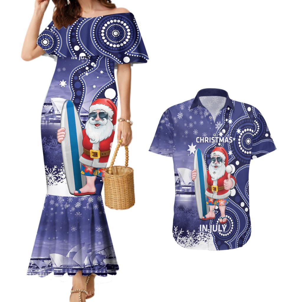Christmas In July Australia Couples Matching Mermaid Dress and Hawaiian Shirt Santa Surfboard Sydney Opera House - Blue