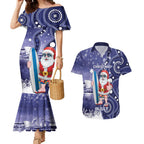 Christmas In July Australia Couples Matching Mermaid Dress and Hawaiian Shirt Santa Surfboard Sydney Opera House - Blue