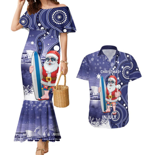 Christmas In July Australia Couples Matching Mermaid Dress and Hawaiian Shirt Santa Surfboard Sydney Opera House - Blue