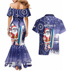 Christmas In July Australia Couples Matching Mermaid Dress and Hawaiian Shirt Santa Surfboard Sydney Opera House - Blue