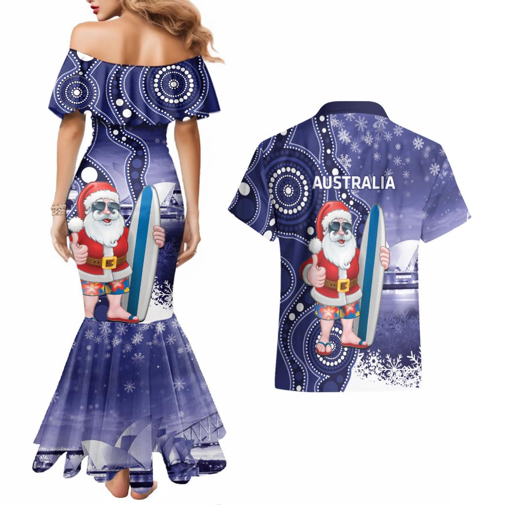 Christmas In July Australia Couples Matching Mermaid Dress and Hawaiian Shirt Santa Surfboard Sydney Opera House - Blue