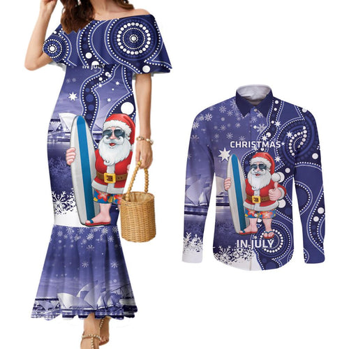 Christmas In July Australia Couples Matching Mermaid Dress and Long Sleeve Button Shirt Santa Surfboard Sydney Opera House - Blue