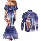 Christmas In July Australia Couples Matching Mermaid Dress and Long Sleeve Button Shirt Santa Surfboard Sydney Opera House - Blue