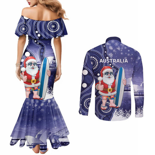 Christmas In July Australia Couples Matching Mermaid Dress and Long Sleeve Button Shirt Santa Surfboard Sydney Opera House - Blue
