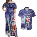 Christmas In July Australia Couples Matching Off Shoulder Maxi Dress and Hawaiian Shirt Santa Surfboard Sydney Opera House - Blue