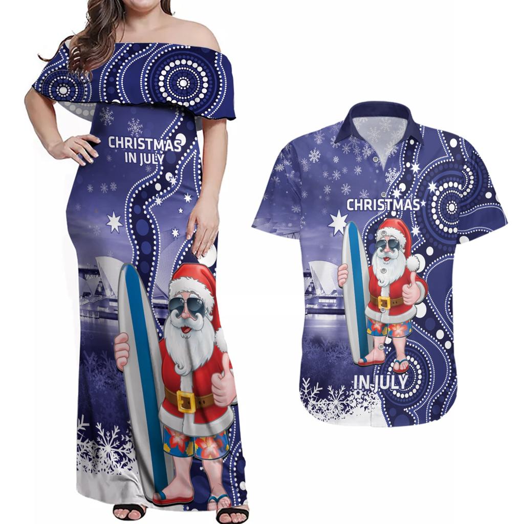 Christmas In July Australia Couples Matching Off Shoulder Maxi Dress and Hawaiian Shirt Santa Surfboard Sydney Opera House - Blue