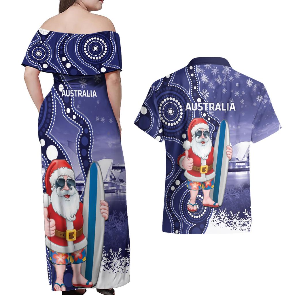 Christmas In July Australia Couples Matching Off Shoulder Maxi Dress and Hawaiian Shirt Santa Surfboard Sydney Opera House - Blue