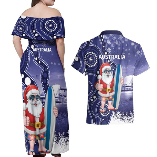 Christmas In July Australia Couples Matching Off Shoulder Maxi Dress and Hawaiian Shirt Santa Surfboard Sydney Opera House - Blue
