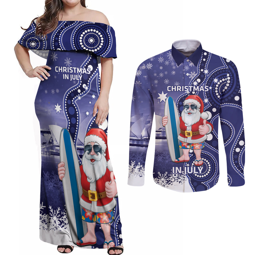 Christmas In July Australia Couples Matching Off Shoulder Maxi Dress and Long Sleeve Button Shirt Santa Surfboard Sydney Opera House - Blue
