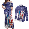 Christmas In July Australia Couples Matching Off Shoulder Maxi Dress and Long Sleeve Button Shirt Santa Surfboard Sydney Opera House - Blue