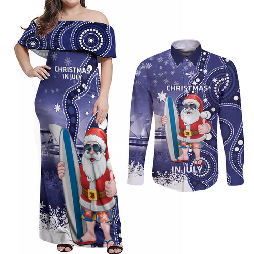 Christmas In July Australia Couples Matching Off Shoulder Maxi Dress and Long Sleeve Button Shirt Santa Surfboard Sydney Opera House - Blue