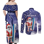 Christmas In July Australia Couples Matching Off Shoulder Maxi Dress and Long Sleeve Button Shirt Santa Surfboard Sydney Opera House - Blue