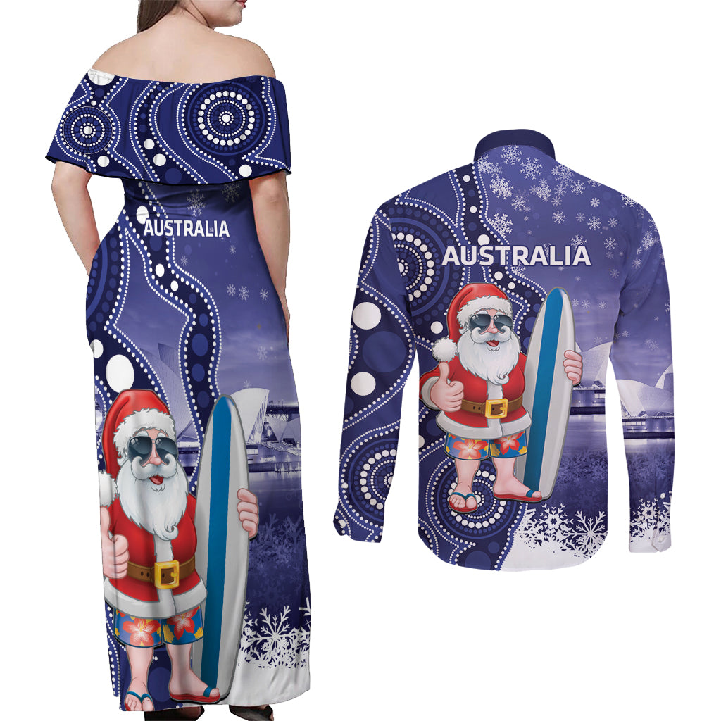 Christmas In July Australia Couples Matching Off Shoulder Maxi Dress and Long Sleeve Button Shirt Santa Surfboard Sydney Opera House - Blue