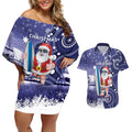 Christmas In July Australia Couples Matching Off Shoulder Short Dress and Hawaiian Shirt Santa Surfboard Sydney Opera House - Blue