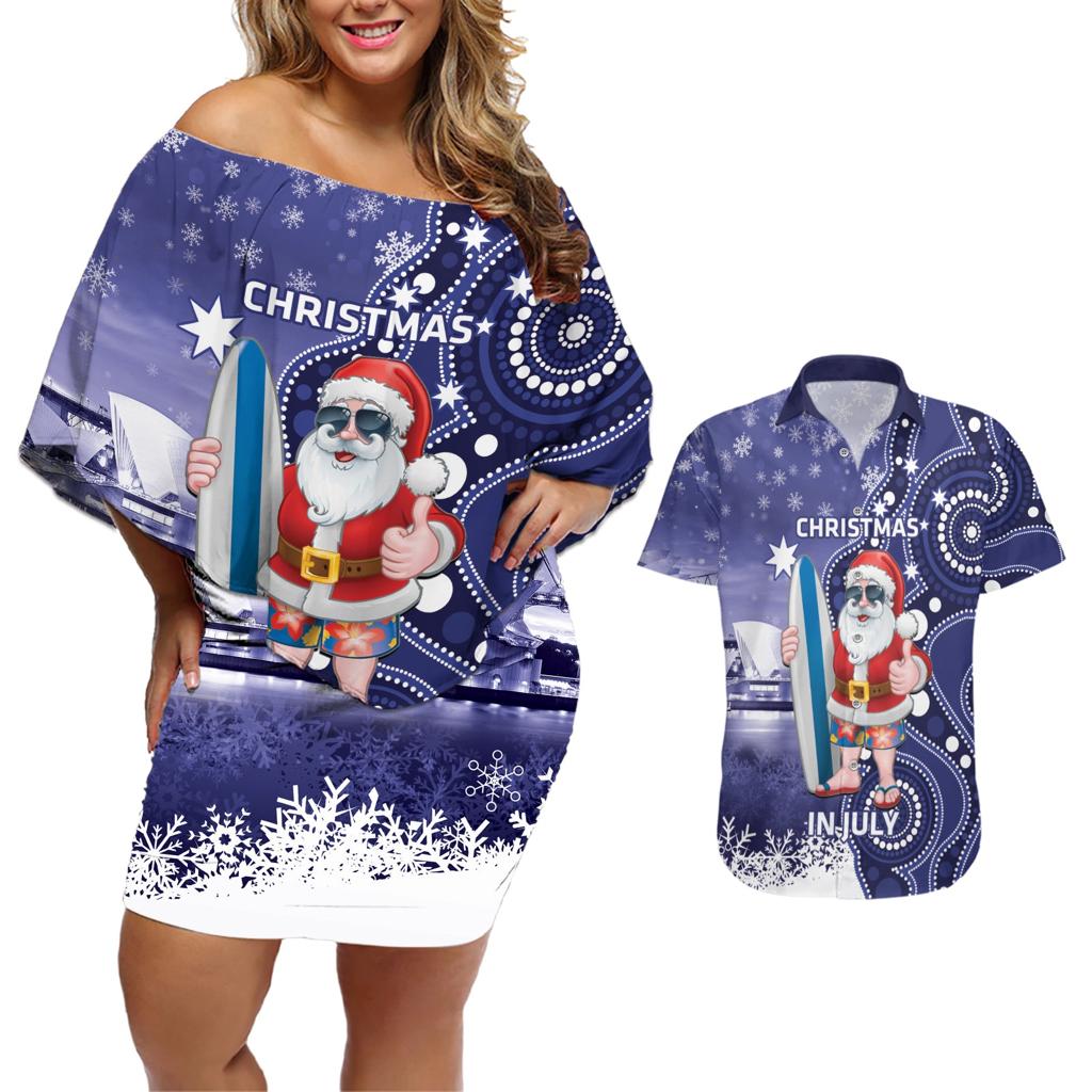 Christmas In July Australia Couples Matching Off Shoulder Short Dress and Hawaiian Shirt Santa Surfboard Sydney Opera House - Blue