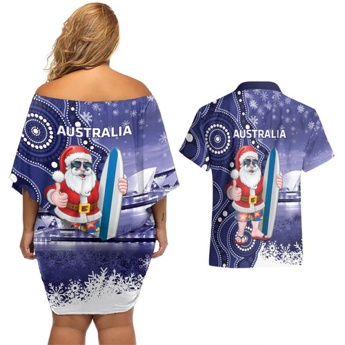 Christmas In July Australia Couples Matching Off Shoulder Short Dress and Hawaiian Shirt Santa Surfboard Sydney Opera House - Blue