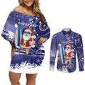 Christmas In July Australia Couples Matching Off Shoulder Short Dress and Long Sleeve Button Shirt Santa Surfboard Sydney Opera House - Blue