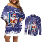 Christmas In July Australia Couples Matching Off Shoulder Short Dress and Long Sleeve Button Shirt Santa Surfboard Sydney Opera House - Blue