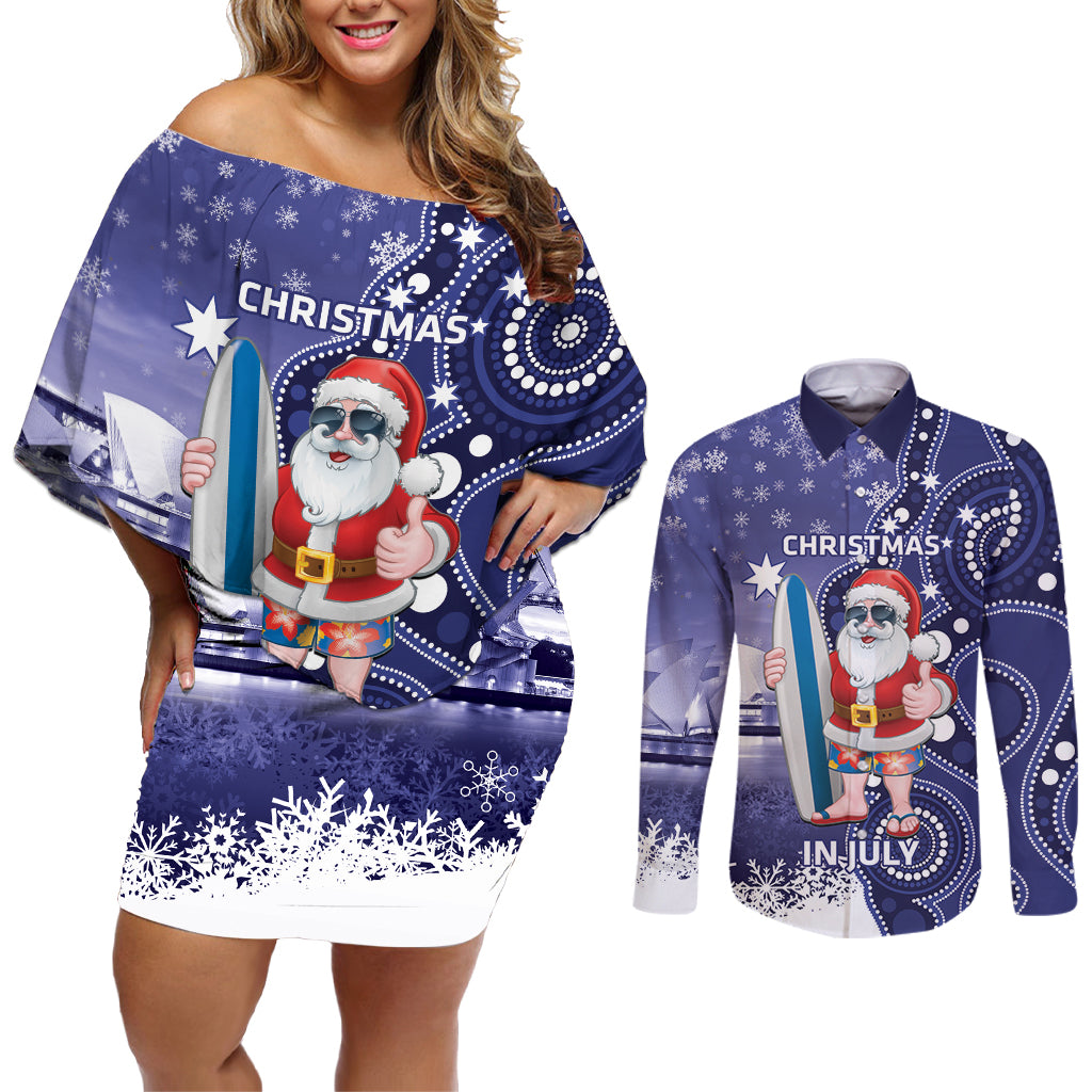 Christmas In July Australia Couples Matching Off Shoulder Short Dress and Long Sleeve Button Shirt Santa Surfboard Sydney Opera House - Blue