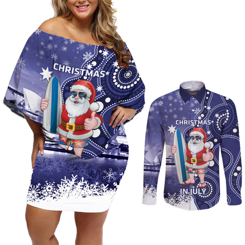 Christmas In July Australia Couples Matching Off Shoulder Short Dress and Long Sleeve Button Shirt Santa Surfboard Sydney Opera House - Blue