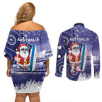 Christmas In July Australia Couples Matching Off Shoulder Short Dress and Long Sleeve Button Shirt Santa Surfboard Sydney Opera House - Blue