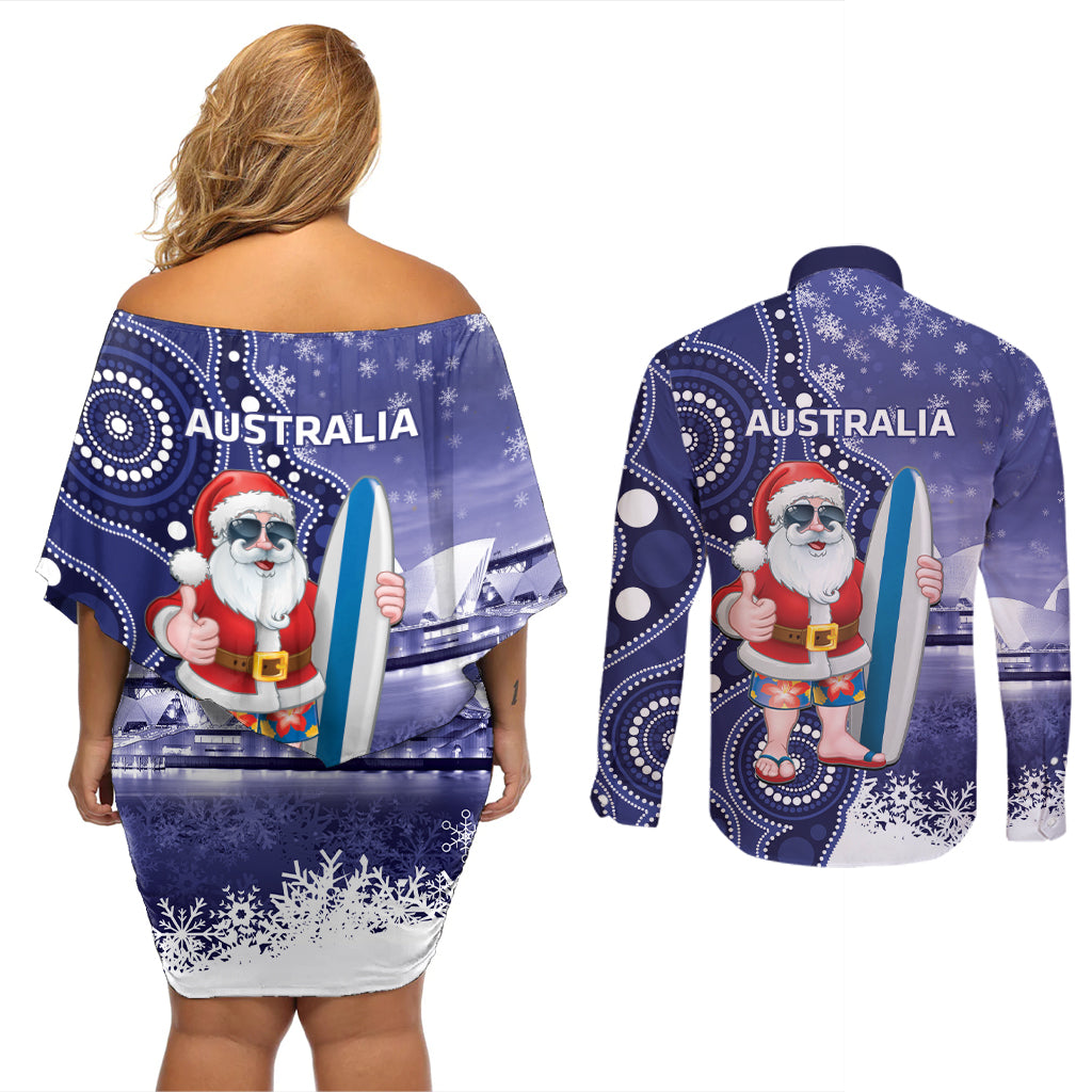 Christmas In July Australia Couples Matching Off Shoulder Short Dress and Long Sleeve Button Shirt Santa Surfboard Sydney Opera House - Blue