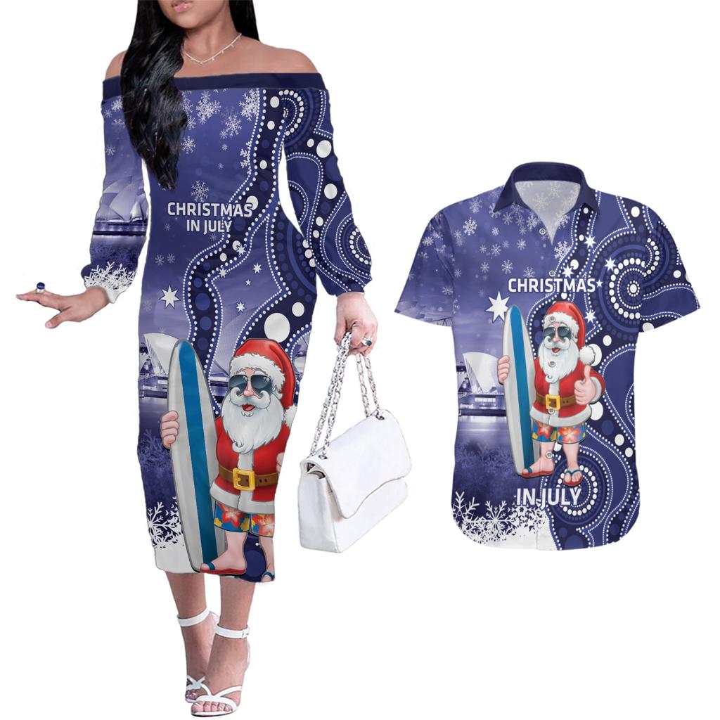 Christmas In July Australia Couples Matching Off The Shoulder Long Sleeve Dress and Hawaiian Shirt Santa Surfboard Sydney Opera House - Blue