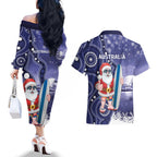 Christmas In July Australia Couples Matching Off The Shoulder Long Sleeve Dress and Hawaiian Shirt Santa Surfboard Sydney Opera House - Blue