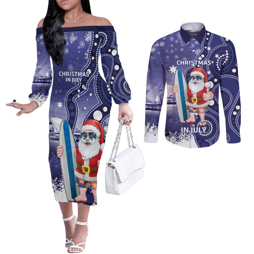 Christmas In July Australia Couples Matching Off The Shoulder Long Sleeve Dress and Long Sleeve Button Shirt Santa Surfboard Sydney Opera House - Blue