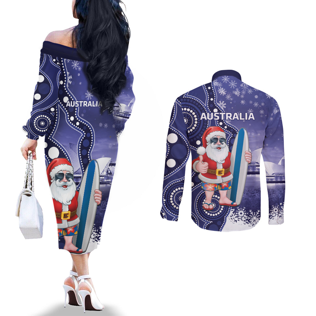 Christmas In July Australia Couples Matching Off The Shoulder Long Sleeve Dress and Long Sleeve Button Shirt Santa Surfboard Sydney Opera House - Blue