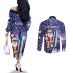 Christmas In July Australia Couples Matching Off The Shoulder Long Sleeve Dress and Long Sleeve Button Shirt Santa Surfboard Sydney Opera House - Blue