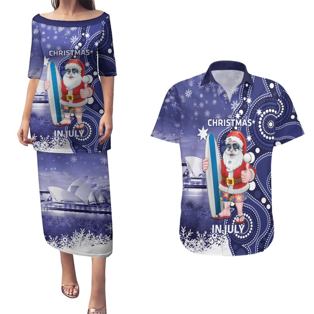 Christmas In July Australia Couples Matching Puletasi and Hawaiian Shirt Santa Surfboard Sydney Opera House - Blue