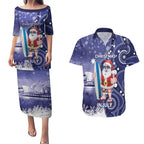 Christmas In July Australia Couples Matching Puletasi and Hawaiian Shirt Santa Surfboard Sydney Opera House - Blue