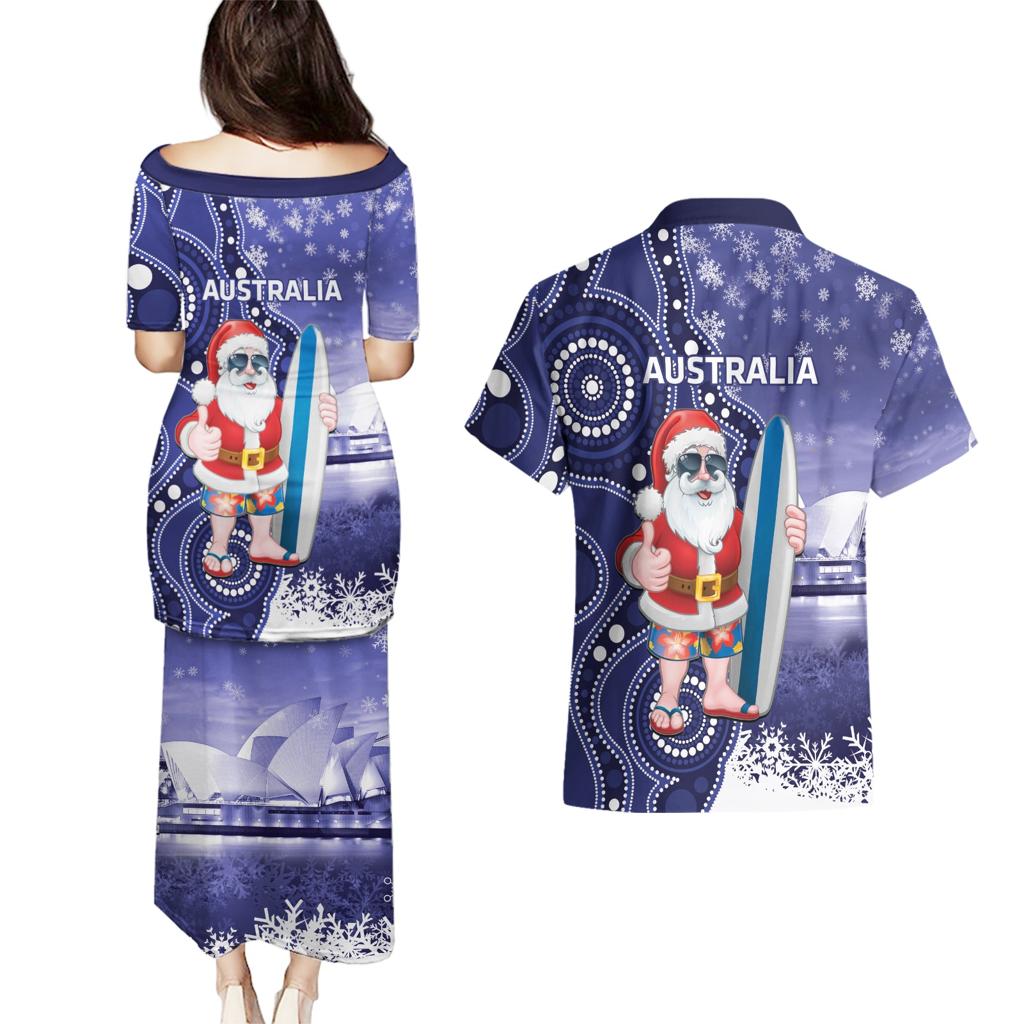 Christmas In July Australia Couples Matching Puletasi and Hawaiian Shirt Santa Surfboard Sydney Opera House - Blue