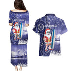 Christmas In July Australia Couples Matching Puletasi and Hawaiian Shirt Santa Surfboard Sydney Opera House - Blue