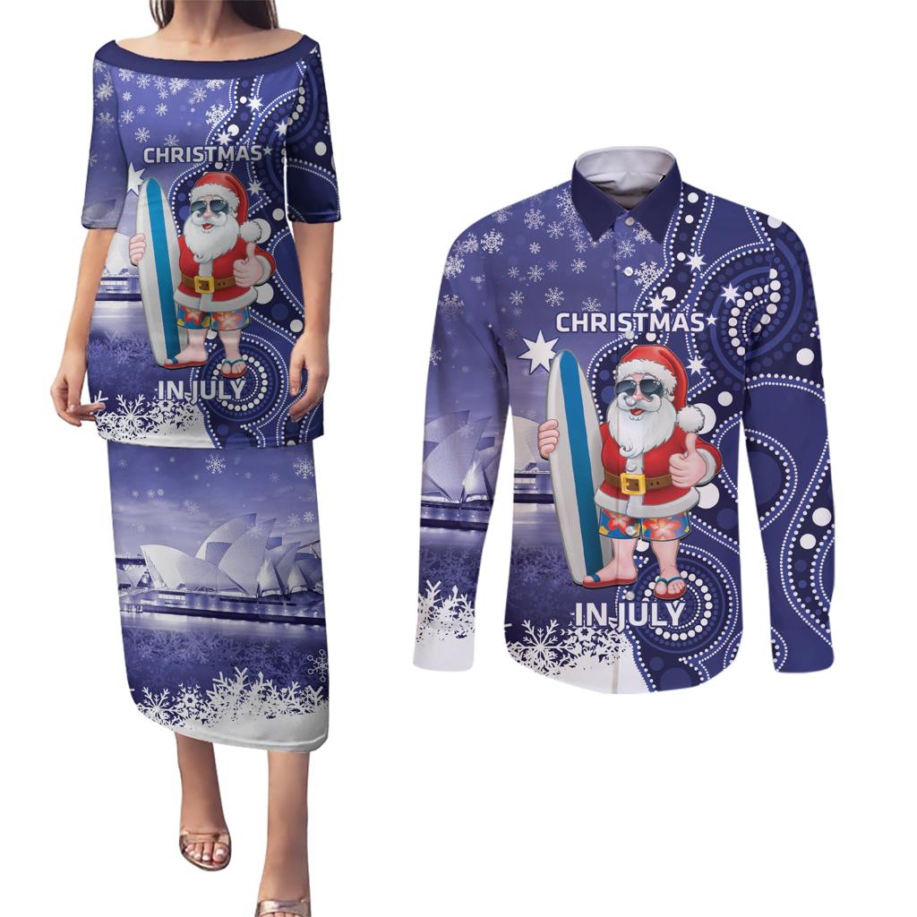 Christmas In July Australia Couples Matching Puletasi and Long Sleeve Button Shirt Santa Surfboard Sydney Opera House - Blue