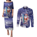 Christmas In July Australia Couples Matching Puletasi and Long Sleeve Button Shirt Santa Surfboard Sydney Opera House - Blue