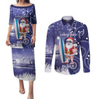 Christmas In July Australia Couples Matching Puletasi and Long Sleeve Button Shirt Santa Surfboard Sydney Opera House - Blue