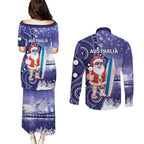 Christmas In July Australia Couples Matching Puletasi and Long Sleeve Button Shirt Santa Surfboard Sydney Opera House - Blue