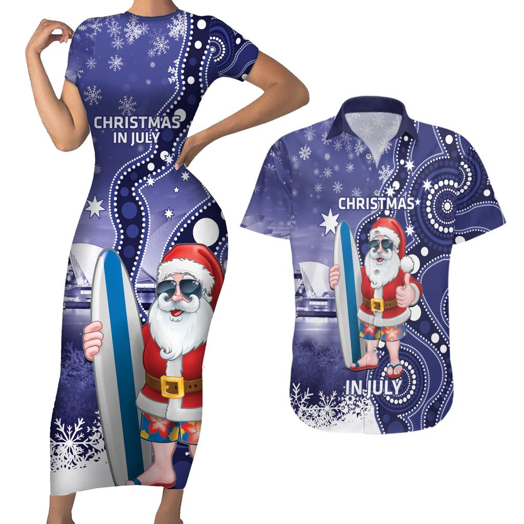 Christmas In July Australia Couples Matching Short Sleeve Bodycon Dress and Hawaiian Shirt Santa Surfboard Sydney Opera House - Blue