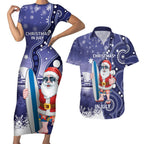 Christmas In July Australia Couples Matching Short Sleeve Bodycon Dress and Hawaiian Shirt Santa Surfboard Sydney Opera House - Blue