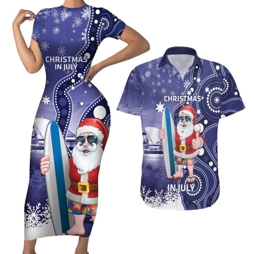 Christmas In July Australia Couples Matching Short Sleeve Bodycon Dress and Hawaiian Shirt Santa Surfboard Sydney Opera House - Blue