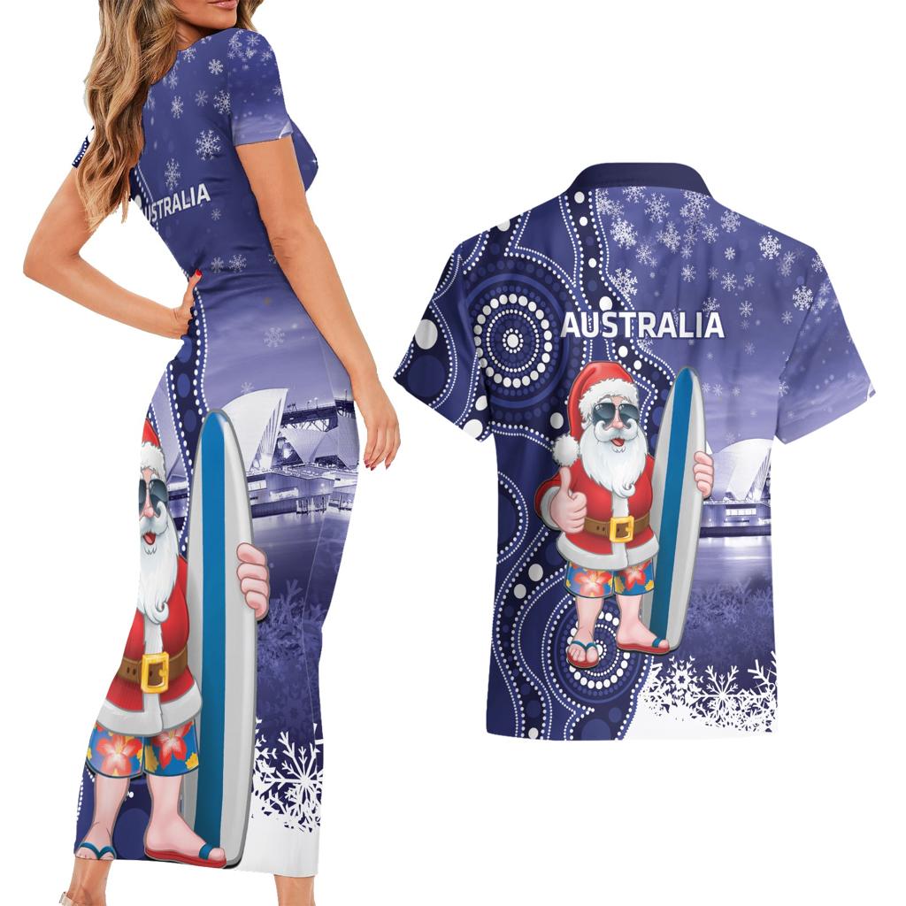 Christmas In July Australia Couples Matching Short Sleeve Bodycon Dress and Hawaiian Shirt Santa Surfboard Sydney Opera House - Blue