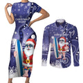 Christmas In July Australia Couples Matching Short Sleeve Bodycon Dress and Long Sleeve Button Shirt Santa Surfboard Sydney Opera House - Blue