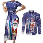 Christmas In July Australia Couples Matching Short Sleeve Bodycon Dress and Long Sleeve Button Shirt Santa Surfboard Sydney Opera House - Blue