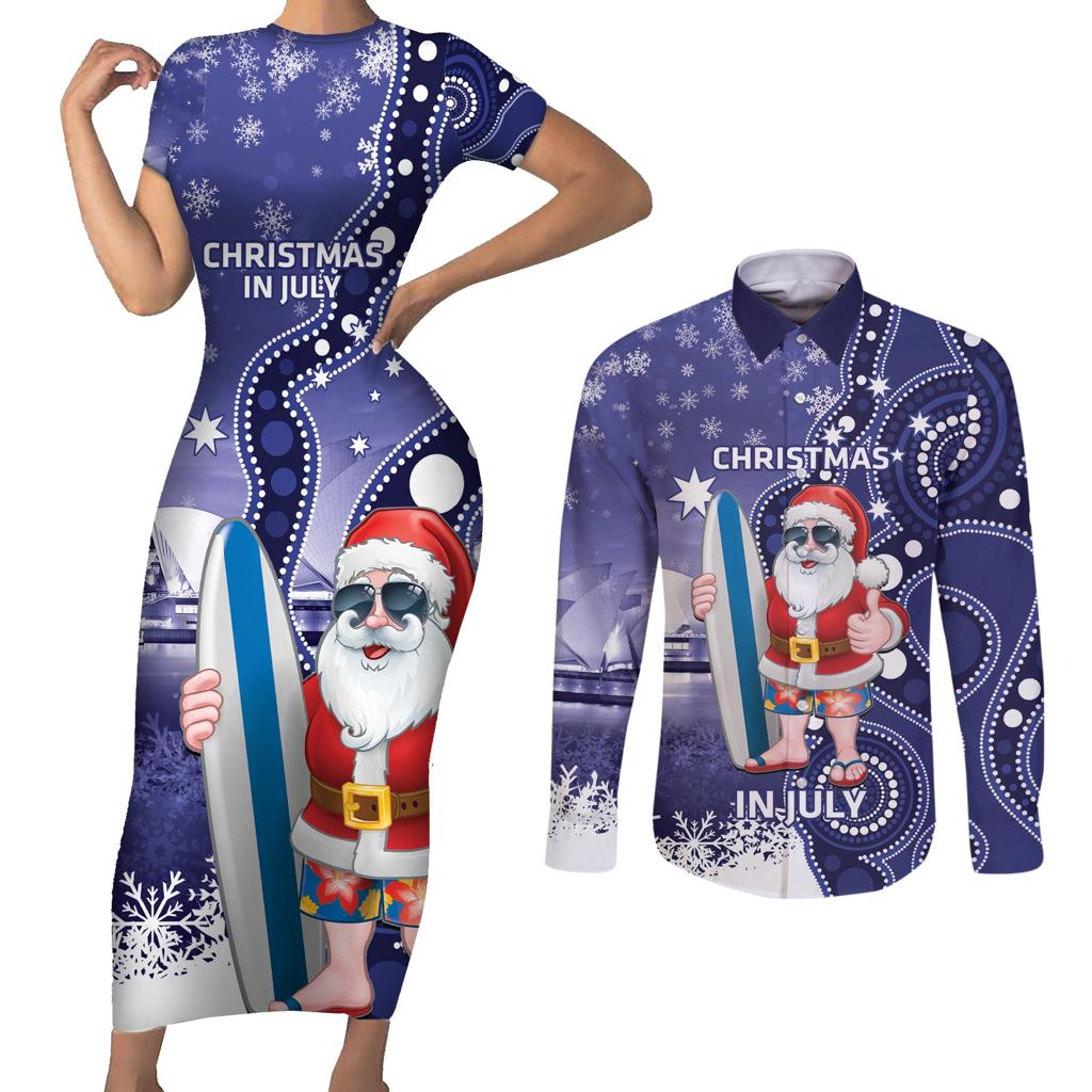 Christmas In July Australia Couples Matching Short Sleeve Bodycon Dress and Long Sleeve Button Shirt Santa Surfboard Sydney Opera House - Blue