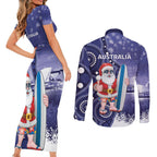 Christmas In July Australia Couples Matching Short Sleeve Bodycon Dress and Long Sleeve Button Shirt Santa Surfboard Sydney Opera House - Blue
