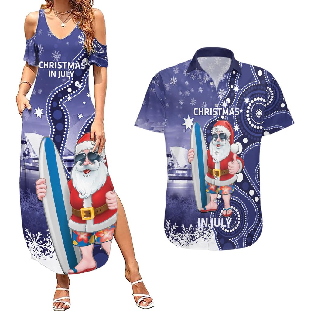 Christmas In July Australia Couples Matching Summer Maxi Dress and Hawaiian Shirt Santa Surfboard Sydney Opera House - Blue