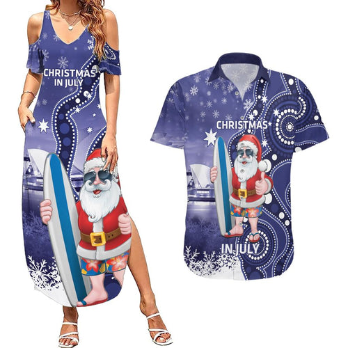 Christmas In July Australia Couples Matching Summer Maxi Dress and Hawaiian Shirt Santa Surfboard Sydney Opera House - Blue